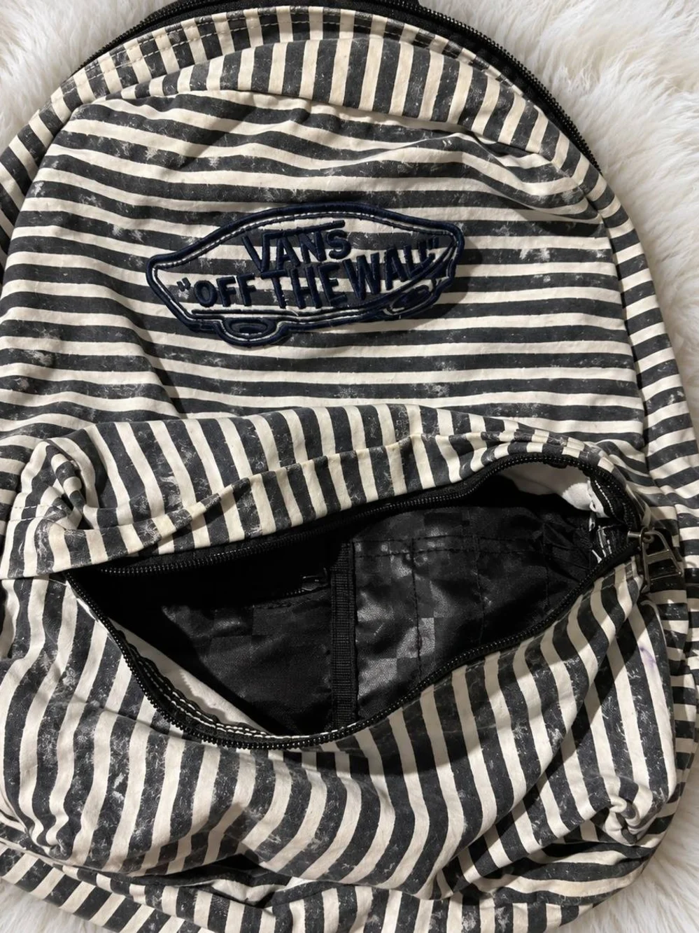 Vans Black and White Striped Backpack with Off The Wall Patch